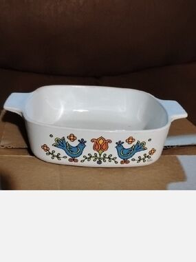 Corningware White Baking Dish with Blue Bird Floral Pattern